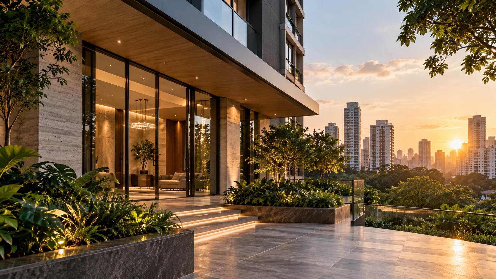 Fachada contemporânea com paisagismo verde ao pôr do sol